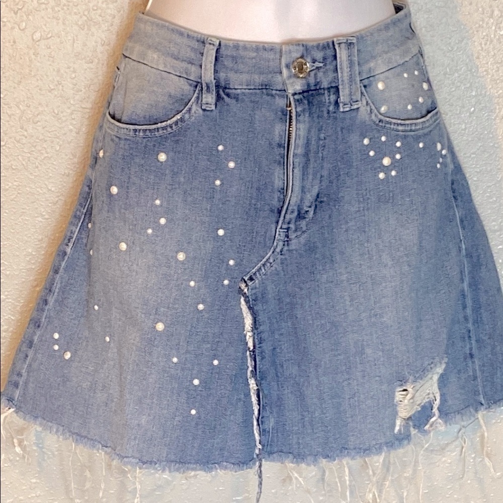 Guess Blue Asymmetrical Distressed Mini Skirt with Embellishments